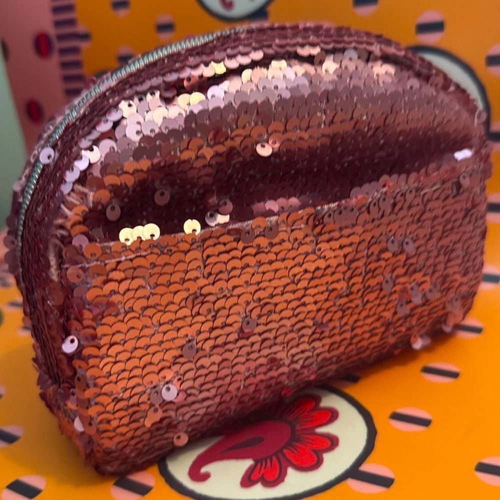 Kitson Pink/Rose Sequined Lined Zippered Top Cosmetic Pouch w Exterior Pocket